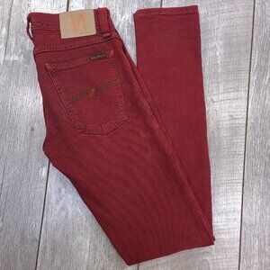 Nudie Jeans Women's 26x34 Red Tight Long John Skinny Leg Low Rise Denim Pants